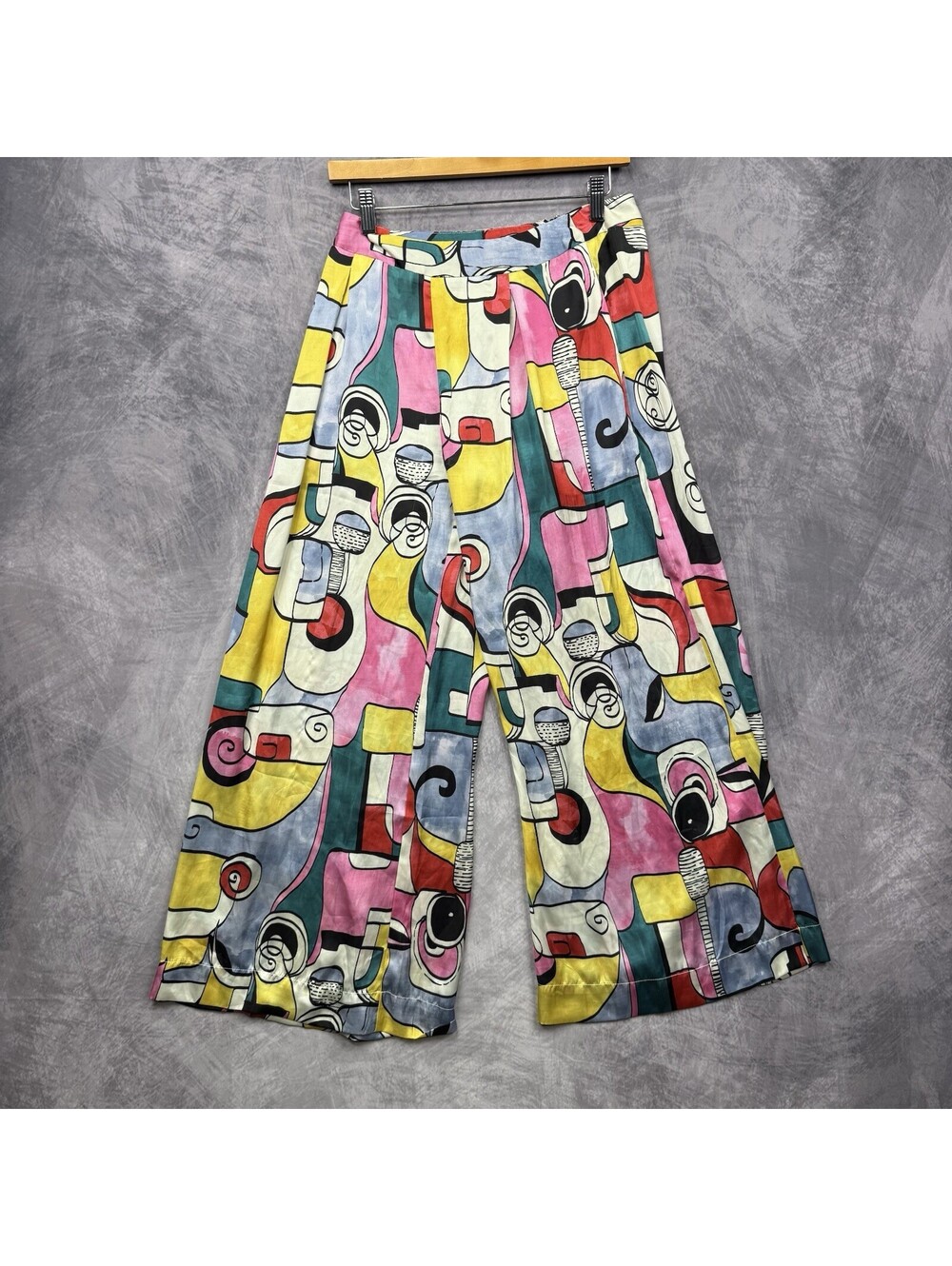 Vintage Picasso Silk Wide Leg Pants All Over Print Funky Disco Chic